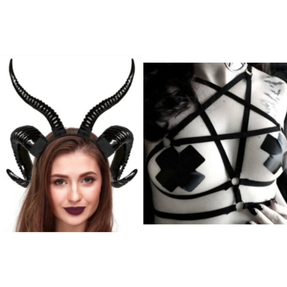 3pc Horns, Harness, Fishnet Stockings
